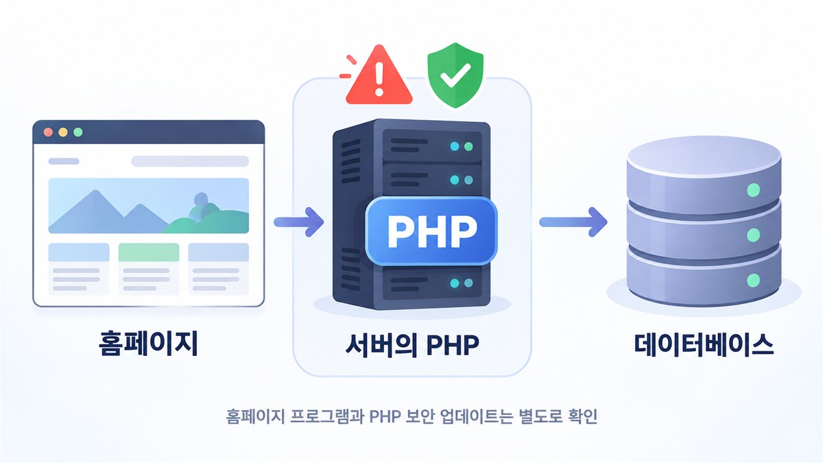 홈페이지, 서버의 PHP, 데이터베이스의 연결 구조. PHP2Shell 대응은 서버의 PHP 보안 패치를 별도로 확인해야 합니다.